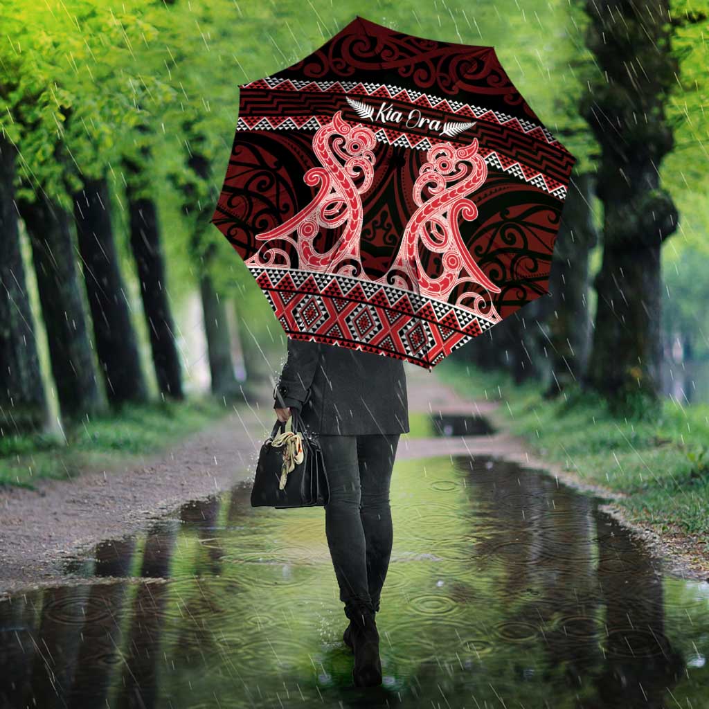 Kia Ora New Zealand Umbrella Maori Language Week Whero Taniko Motif - Polynesian Pride
