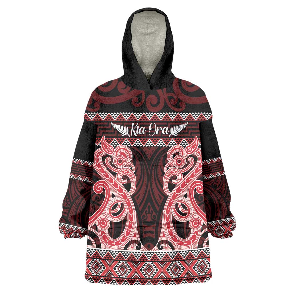 Kia Ora New Zealand Wearable Blanket Hoodie Maori Language Week Whero Taniko Motif LT14 One Size Red - Polynesian Pride