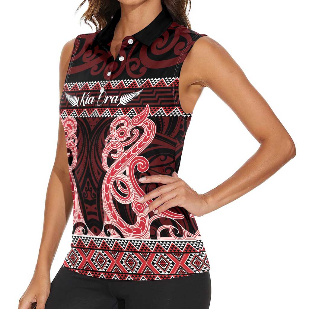 Kia Ora New Zealand Women Sleeveless Polo Shirt Maori Language Week Whero Taniko Motif LT14 - Polynesian Pride