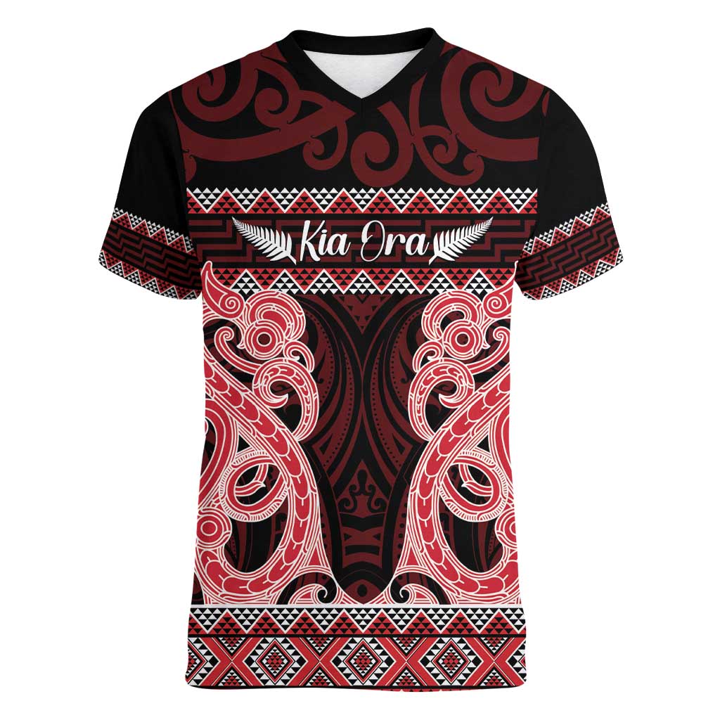 Kia Ora New Zealand Women V-Neck T-Shirt Maori Language Week Whero Taniko Motif LT14 Female Red - Polynesian Pride