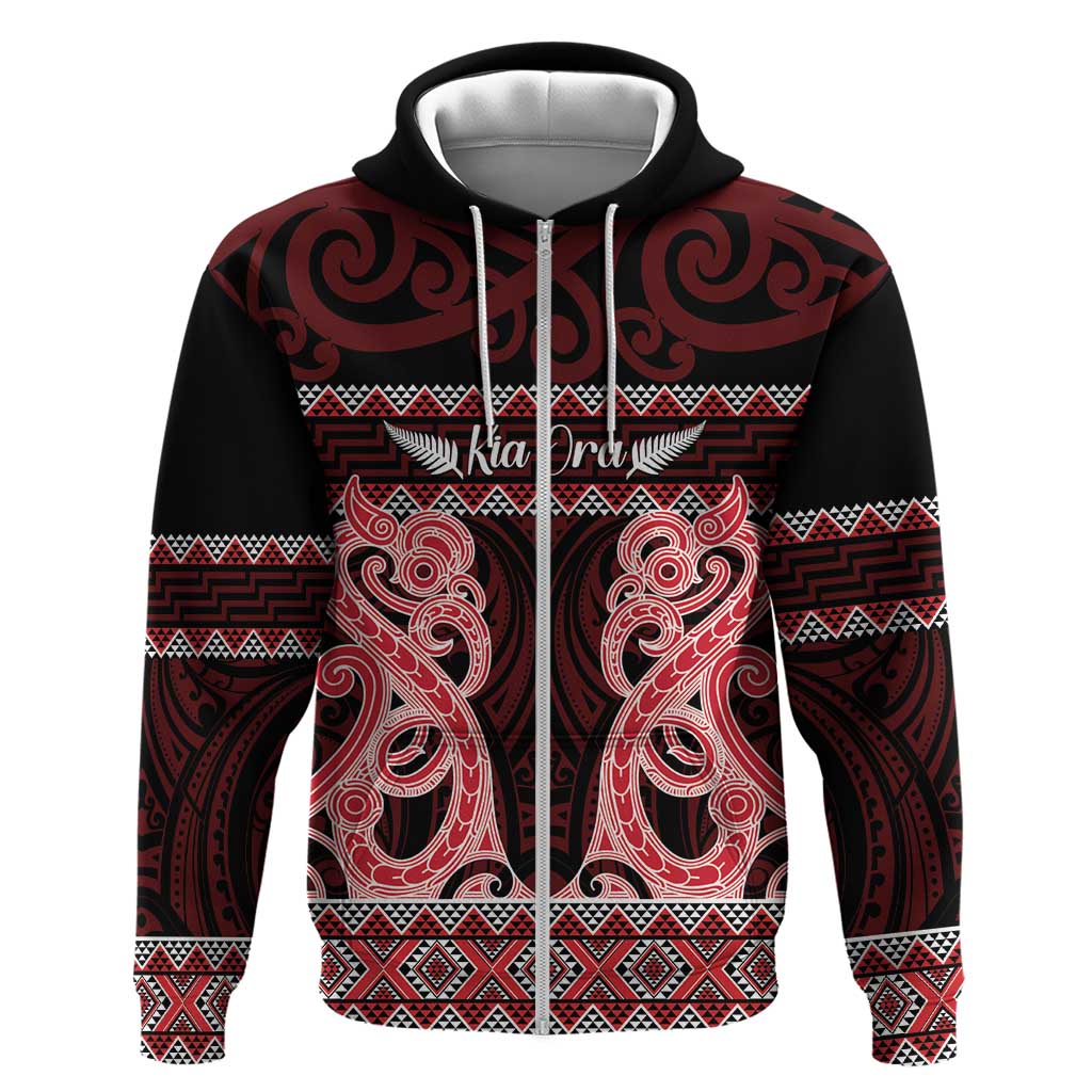 Kia Ora New Zealand Zip Hoodie Maori Language Week Whero Taniko Motif LT14 Zip Hoodie Red - Polynesian Pride
