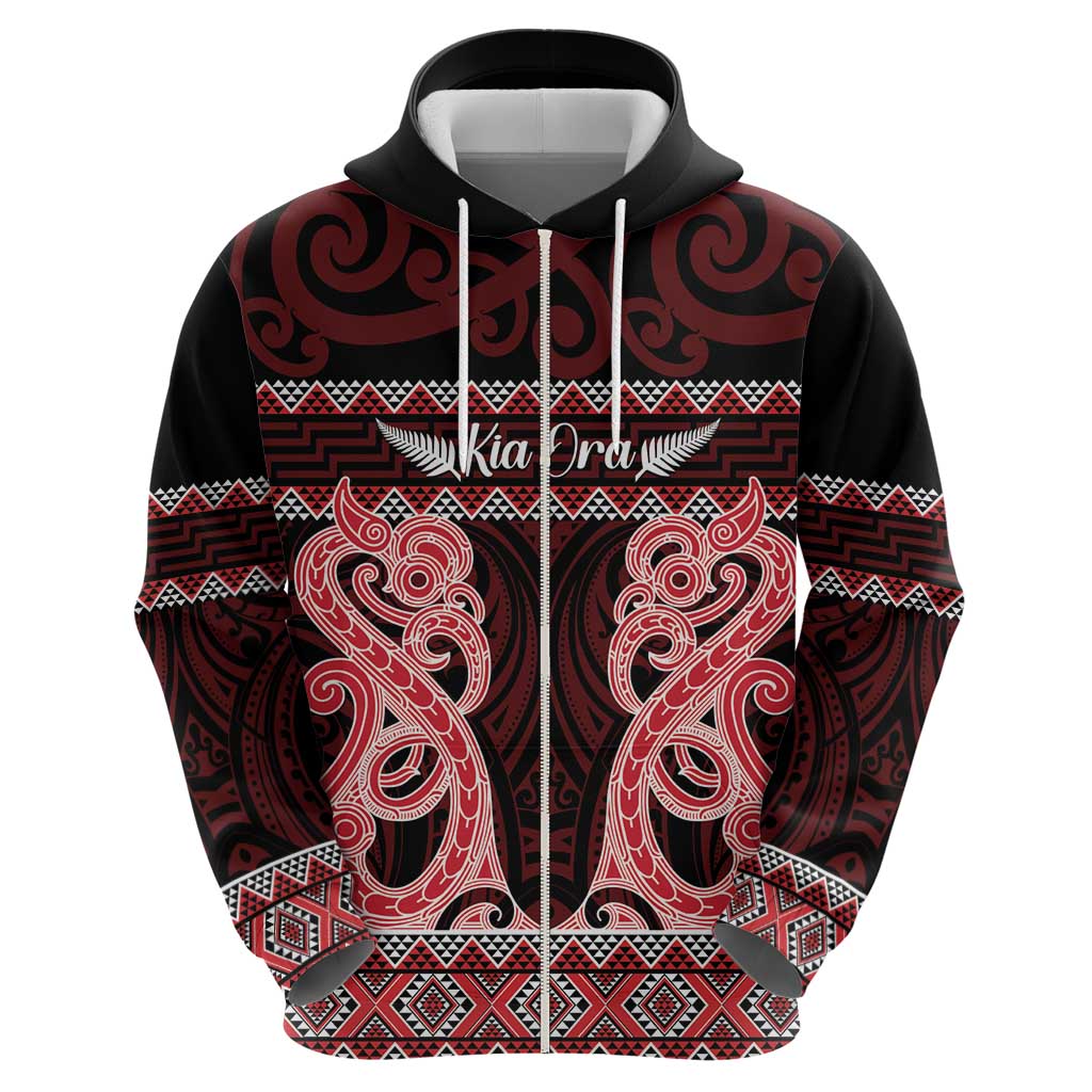 Kia Ora New Zealand Zip Hoodie Maori Language Week Whero Taniko Motif LT14 - Polynesian Pride