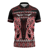 Kia Ora New Zealand Zipper Polo Shirt Maori Language Week Whero Taniko Motif LT14 Red - Polynesian Pride