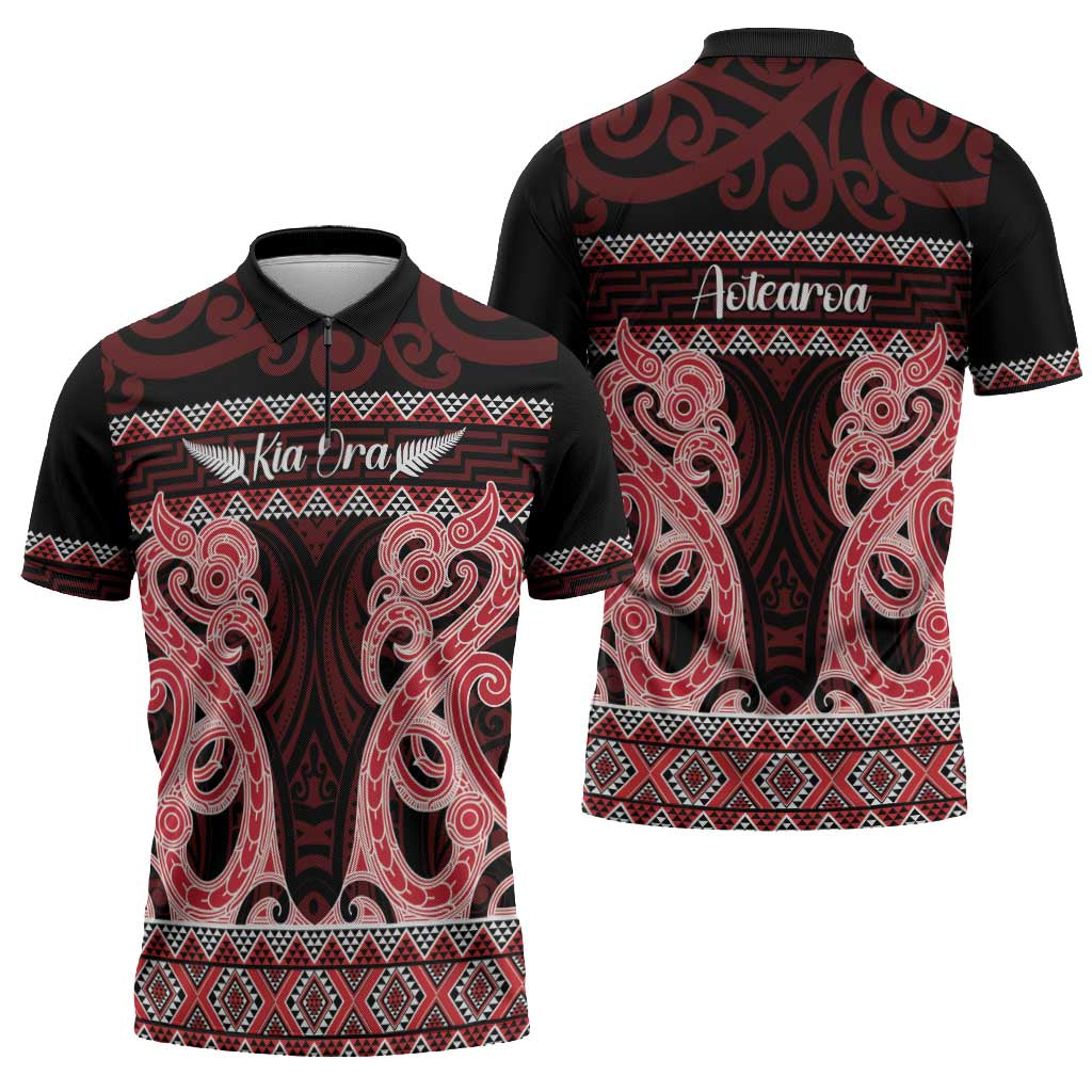 Kia Ora New Zealand Zipper Polo Shirt Maori Language Week Whero Taniko Motif LT14 - Polynesian Pride