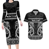 Kia Ora New Zealand Couples Matching Long Sleeve Bodycon Dress and Hawaiian Shirt Maori Language Week Pango Taniko Motif LT14 Black - Polynesian Pride