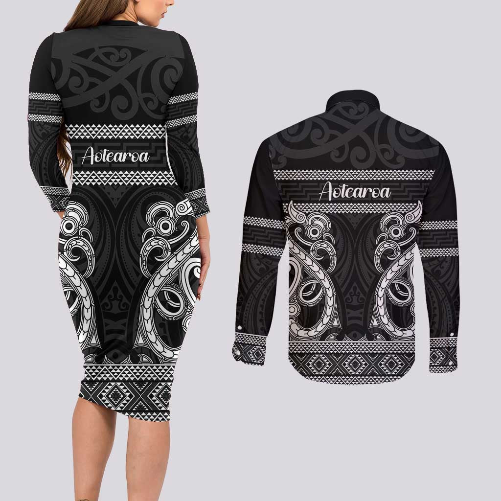 Kia Ora New Zealand Couples Matching Long Sleeve Bodycon Dress and Long Sleeve Button Shirt Maori Language Week Pango Taniko Motif LT14 - Polynesian Pride