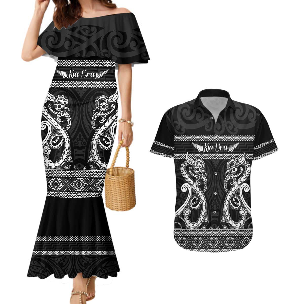 Kia Ora New Zealand Couples Matching Mermaid Dress and Hawaiian Shirt Maori Language Week Pango Taniko Motif - Polynesian Pride