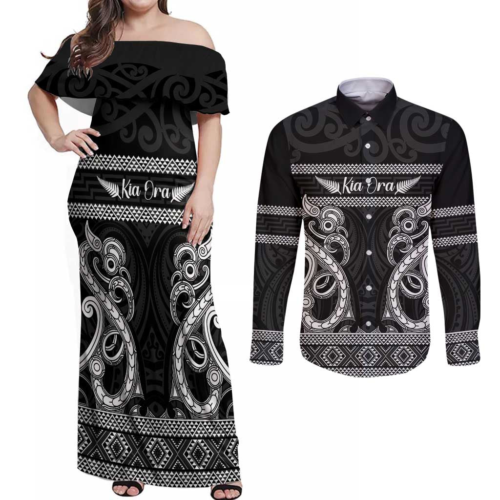 Kia Ora New Zealand Couples Matching Off Shoulder Maxi Dress and Long Sleeve Button Shirt Maori Language Week Pango Taniko Motif LT14 Black - Polynesian Pride