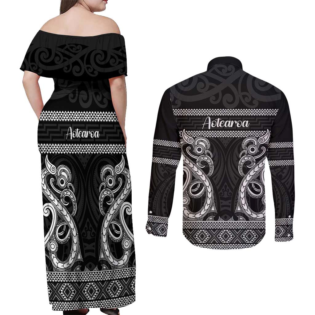 Kia Ora New Zealand Couples Matching Off Shoulder Maxi Dress and Long Sleeve Button Shirt Maori Language Week Pango Taniko Motif LT14 - Polynesian Pride