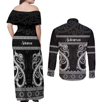 Kia Ora New Zealand Couples Matching Off Shoulder Maxi Dress and Long Sleeve Button Shirt Maori Language Week Pango Taniko Motif LT14 - Polynesian Pride