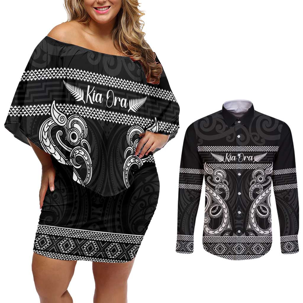 Kia Ora New Zealand Couples Matching Off Shoulder Short Dress and Long Sleeve Button Shirt Maori Language Week Pango Taniko Motif LT14 Black - Polynesian Pride