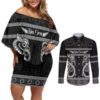 Kia Ora New Zealand Couples Matching Off Shoulder Short Dress and Long Sleeve Button Shirt Maori Language Week Pango Taniko Motif LT14 Black - Polynesian Pride