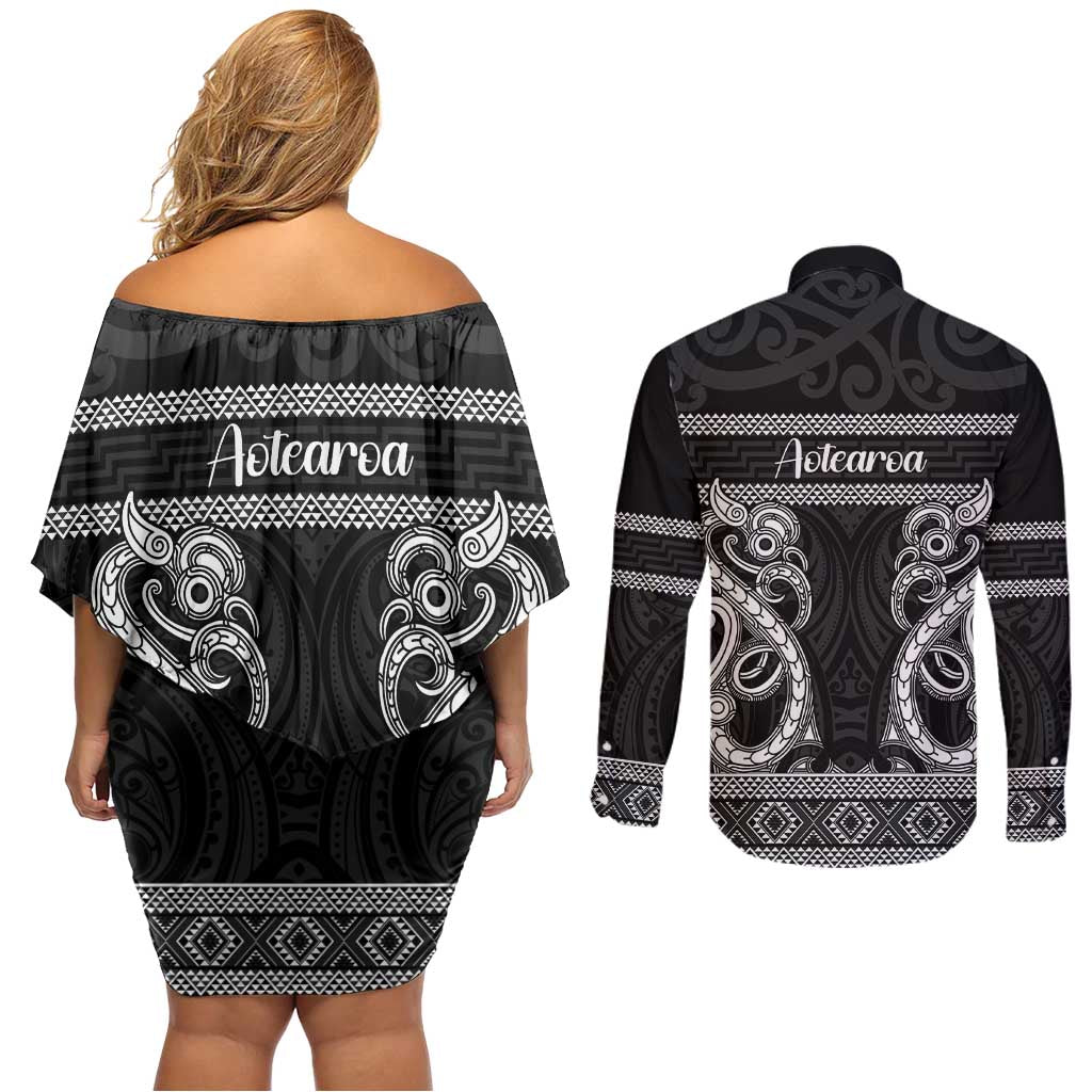 Kia Ora New Zealand Couples Matching Off Shoulder Short Dress and Long Sleeve Button Shirt Maori Language Week Pango Taniko Motif LT14 - Polynesian Pride
