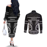 Kia Ora New Zealand Couples Matching Off The Shoulder Long Sleeve Dress and Long Sleeve Button Shirt Maori Language Week Pango Taniko Motif LT14 - Polynesian Pride