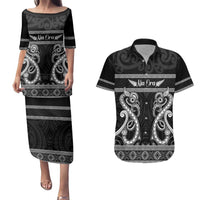 Kia Ora New Zealand Couples Matching Puletasi and Hawaiian Shirt Maori Language Week Pango Taniko Motif LT14 Black - Polynesian Pride