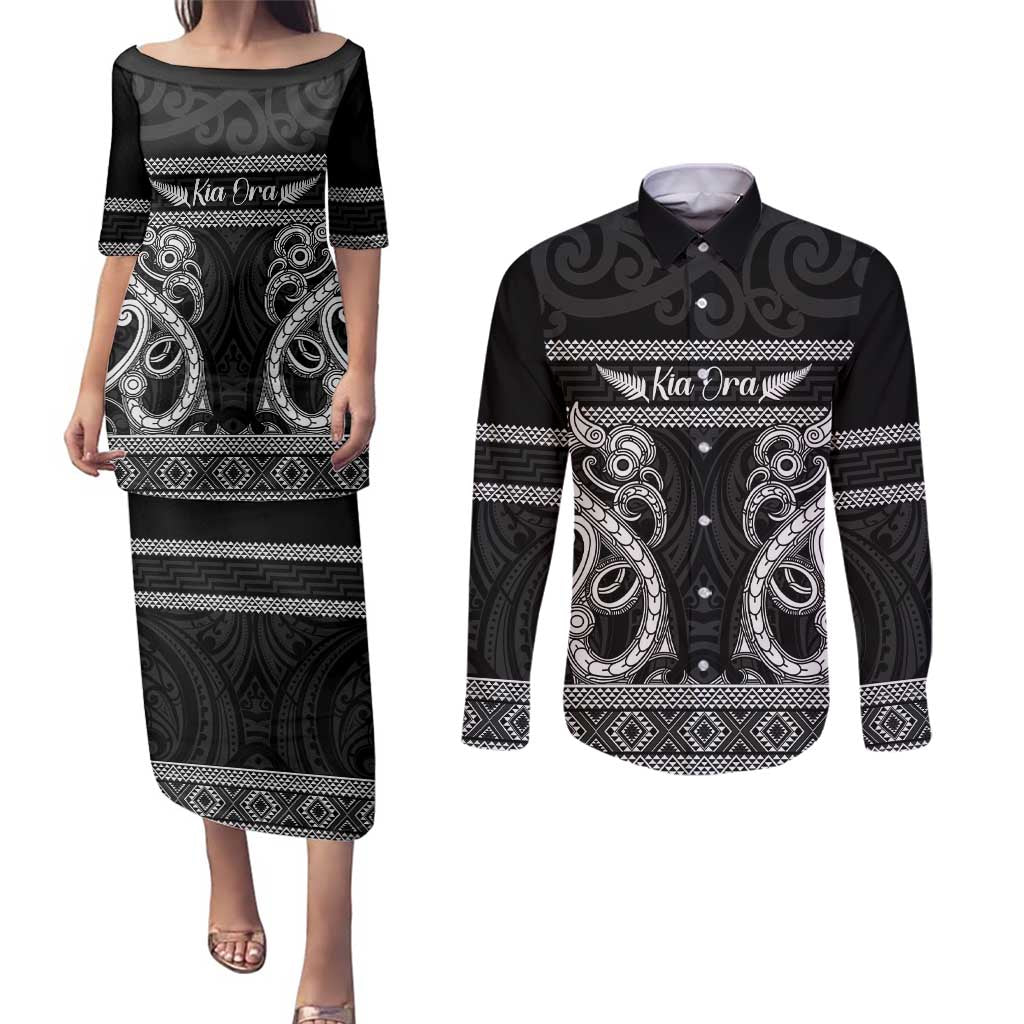Kia Ora New Zealand Couples Matching Puletasi and Long Sleeve Button Shirt Maori Language Week Pango Taniko Motif LT14 Black - Polynesian Pride