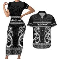 Kia Ora New Zealand Couples Matching Short Sleeve Bodycon Dress and Hawaiian Shirt Maori Language Week Pango Taniko Motif LT14 Black - Polynesian Pride