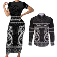 Kia Ora New Zealand Couples Matching Short Sleeve Bodycon Dress and Long Sleeve Button Shirt Maori Language Week Pango Taniko Motif LT14 Black - Polynesian Pride