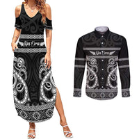 Kia Ora New Zealand Couples Matching Summer Maxi Dress and Long Sleeve Button Shirt Maori Language Week Pango Taniko Motif LT14 Black - Polynesian Pride
