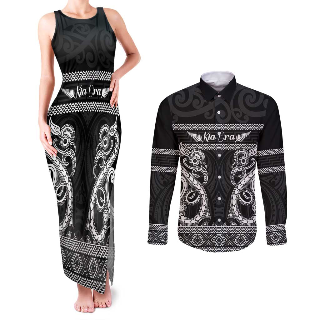 Kia Ora New Zealand Couples Matching Tank Maxi Dress and Long Sleeve Button Shirt Maori Language Week Pango Taniko Motif LT14 Black - Polynesian Pride