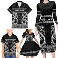 Kia Ora New Zealand Family Matching Long Sleeve Bodycon Dress and Hawaiian Shirt Maori Language Week Pango Taniko Motif LT14 - Polynesian Pride