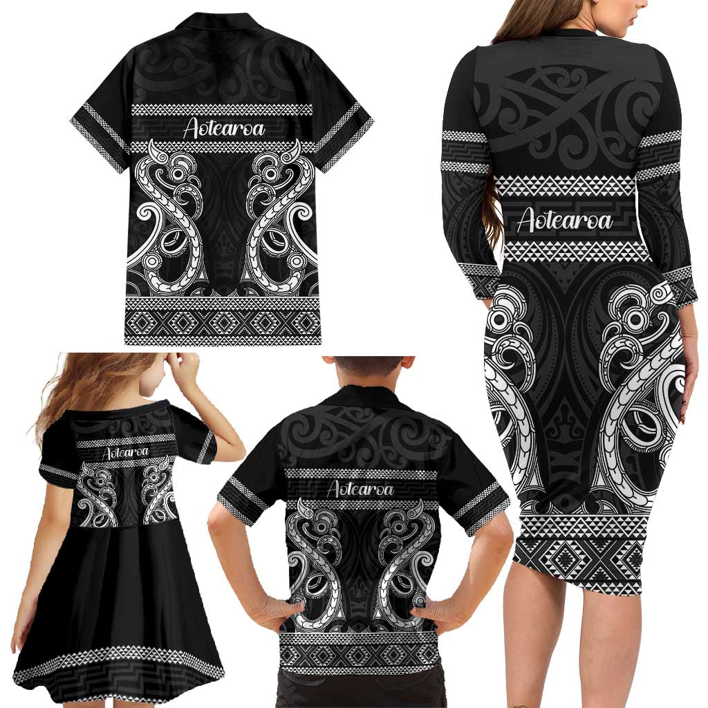Kia Ora New Zealand Family Matching Long Sleeve Bodycon Dress and Hawaiian Shirt Maori Language Week Pango Taniko Motif LT14 - Polynesian Pride