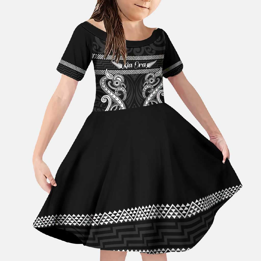 Kia Ora New Zealand Family Matching Mermaid Dress and Hawaiian Shirt Maori Language Week Pango Taniko Motif LT14 Daughter's Dress Black - Polynesian Pride