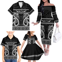 Kia Ora New Zealand Family Matching Off The Shoulder Long Sleeve Dress and Hawaiian Shirt Maori Language Week Pango Taniko Motif LT14 - Polynesian Pride