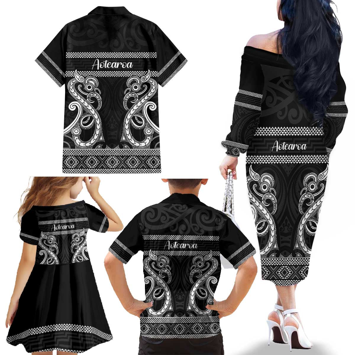 Kia Ora New Zealand Family Matching Off The Shoulder Long Sleeve Dress and Hawaiian Shirt Maori Language Week Pango Taniko Motif LT14 - Polynesian Pride