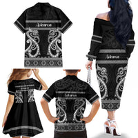 Kia Ora New Zealand Family Matching Off The Shoulder Long Sleeve Dress and Hawaiian Shirt Maori Language Week Pango Taniko Motif LT14 - Polynesian Pride
