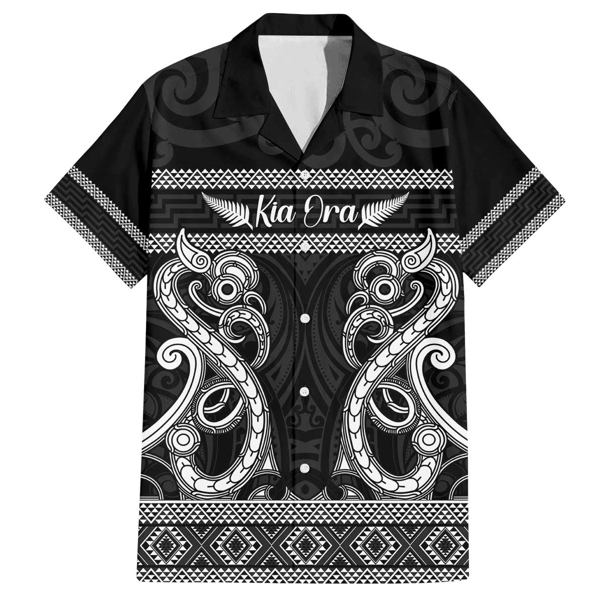 Kia Ora New Zealand Family Matching Off The Shoulder Long Sleeve Dress and Hawaiian Shirt Maori Language Week Pango Taniko Motif LT14 Dad's Shirt - Short Sleeve Black - Polynesian Pride