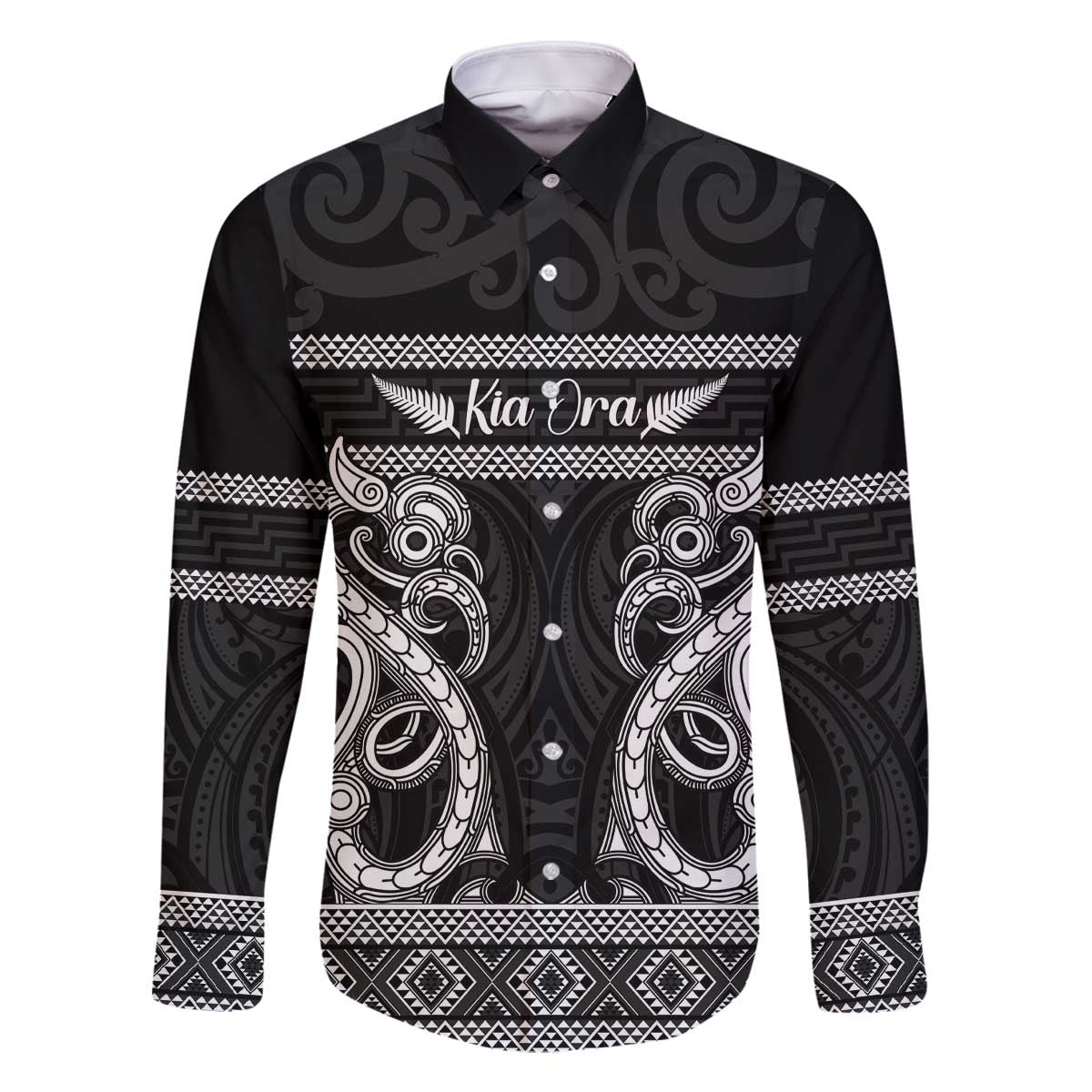 Kia Ora New Zealand Family Matching Off The Shoulder Long Sleeve Dress and Hawaiian Shirt Maori Language Week Pango Taniko Motif LT14 Dad's Shirt - Long Sleeve Black - Polynesian Pride