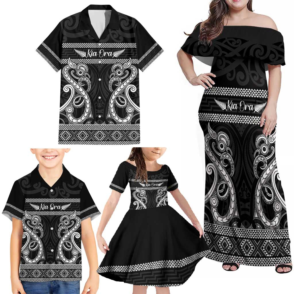 Kia Ora New Zealand Family Matching Off Shoulder Maxi Dress and Hawaiian Shirt Maori Language Week Pango Taniko Motif LT14 - Polynesian Pride