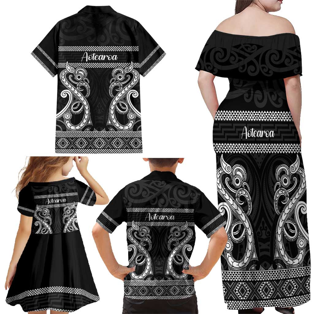 Kia Ora New Zealand Family Matching Off Shoulder Maxi Dress and Hawaiian Shirt Maori Language Week Pango Taniko Motif LT14 - Polynesian Pride