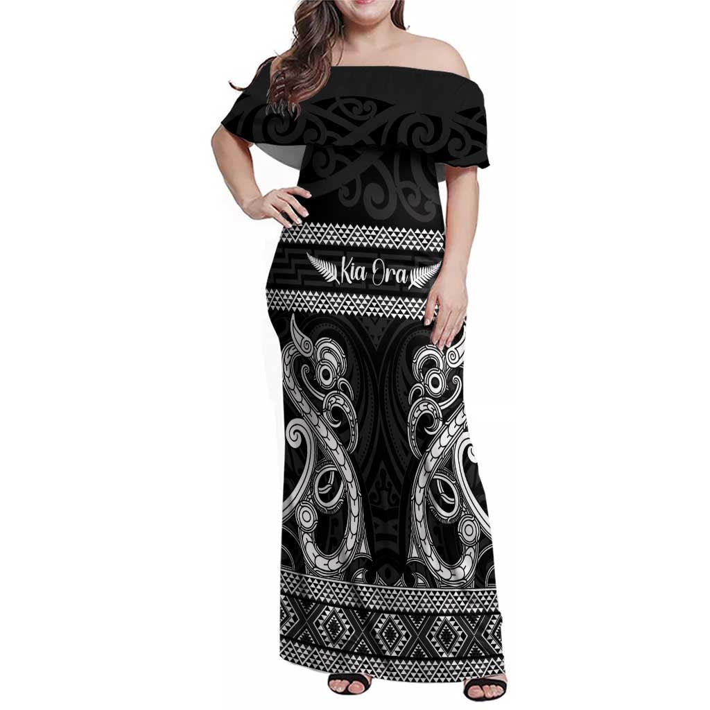 Kia Ora New Zealand Family Matching Off Shoulder Maxi Dress and Hawaiian Shirt Maori Language Week Pango Taniko Motif LT14 Mom's Dress Black - Polynesian Pride