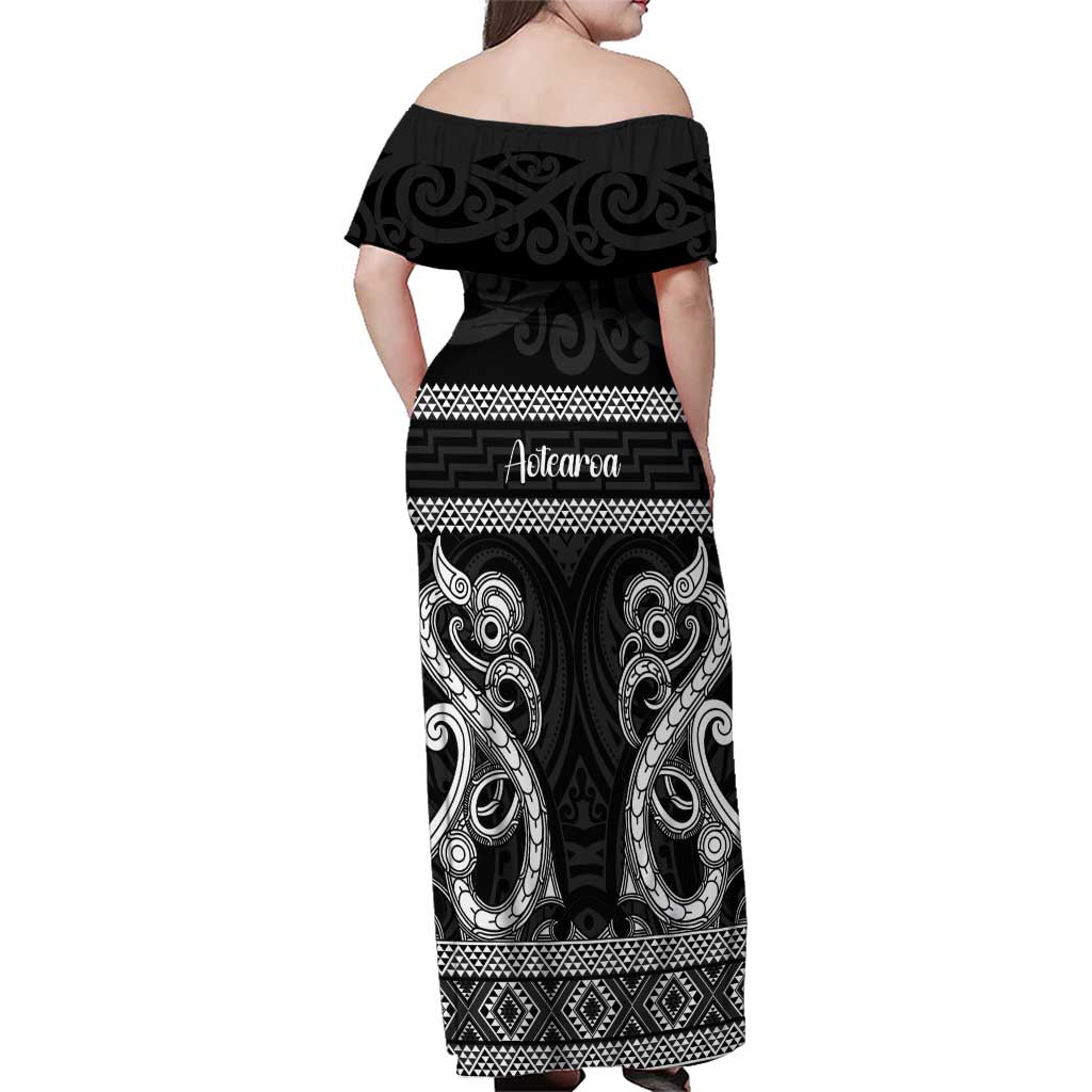 Kia Ora New Zealand Family Matching Off Shoulder Maxi Dress and Hawaiian Shirt Maori Language Week Pango Taniko Motif LT14 - Polynesian Pride