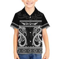 Kia Ora New Zealand Family Matching Off Shoulder Maxi Dress and Hawaiian Shirt Maori Language Week Pango Taniko Motif LT14 Son's Shirt Black - Polynesian Pride