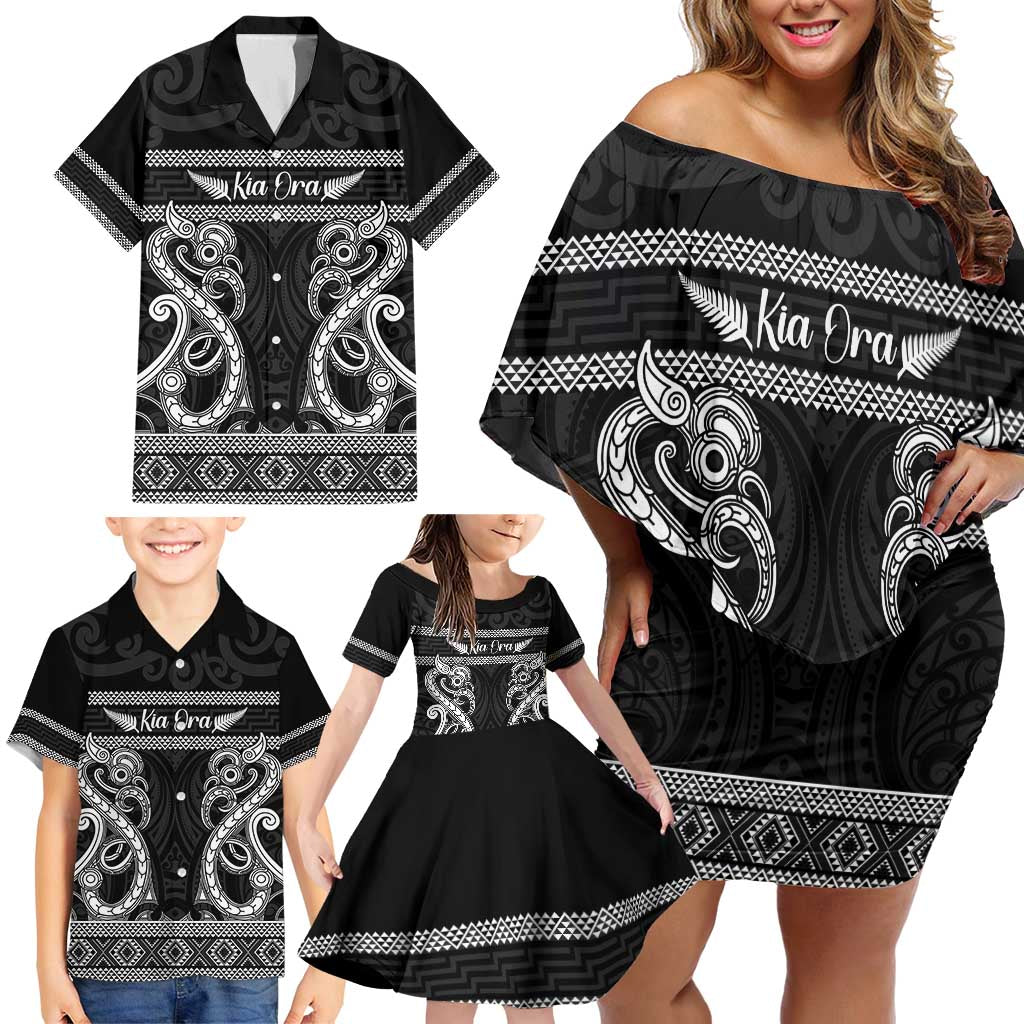 Kia Ora New Zealand Family Matching Off Shoulder Short Dress and Hawaiian Shirt Maori Language Week Pango Taniko Motif LT14 - Polynesian Pride