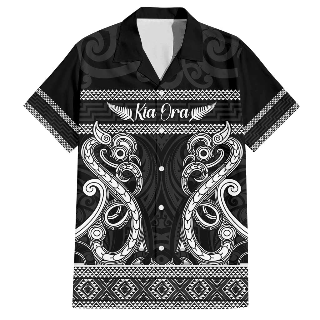 Kia Ora New Zealand Family Matching Off Shoulder Short Dress and Hawaiian Shirt Maori Language Week Pango Taniko Motif LT14 Dad's Shirt - Short Sleeve Black - Polynesian Pride