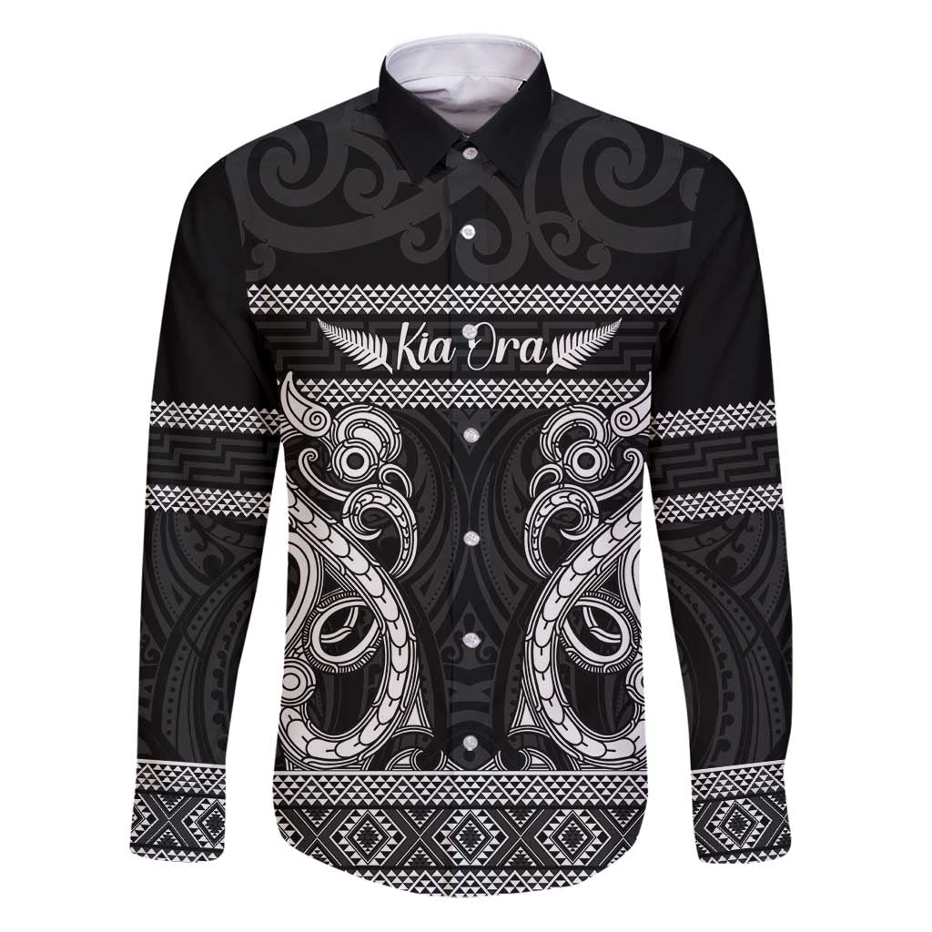 Kia Ora New Zealand Family Matching Puletasi and Hawaiian Shirt Maori Language Week Pango Taniko Motif LT14 Dad's Shirt - Long Sleeve Black - Polynesian Pride