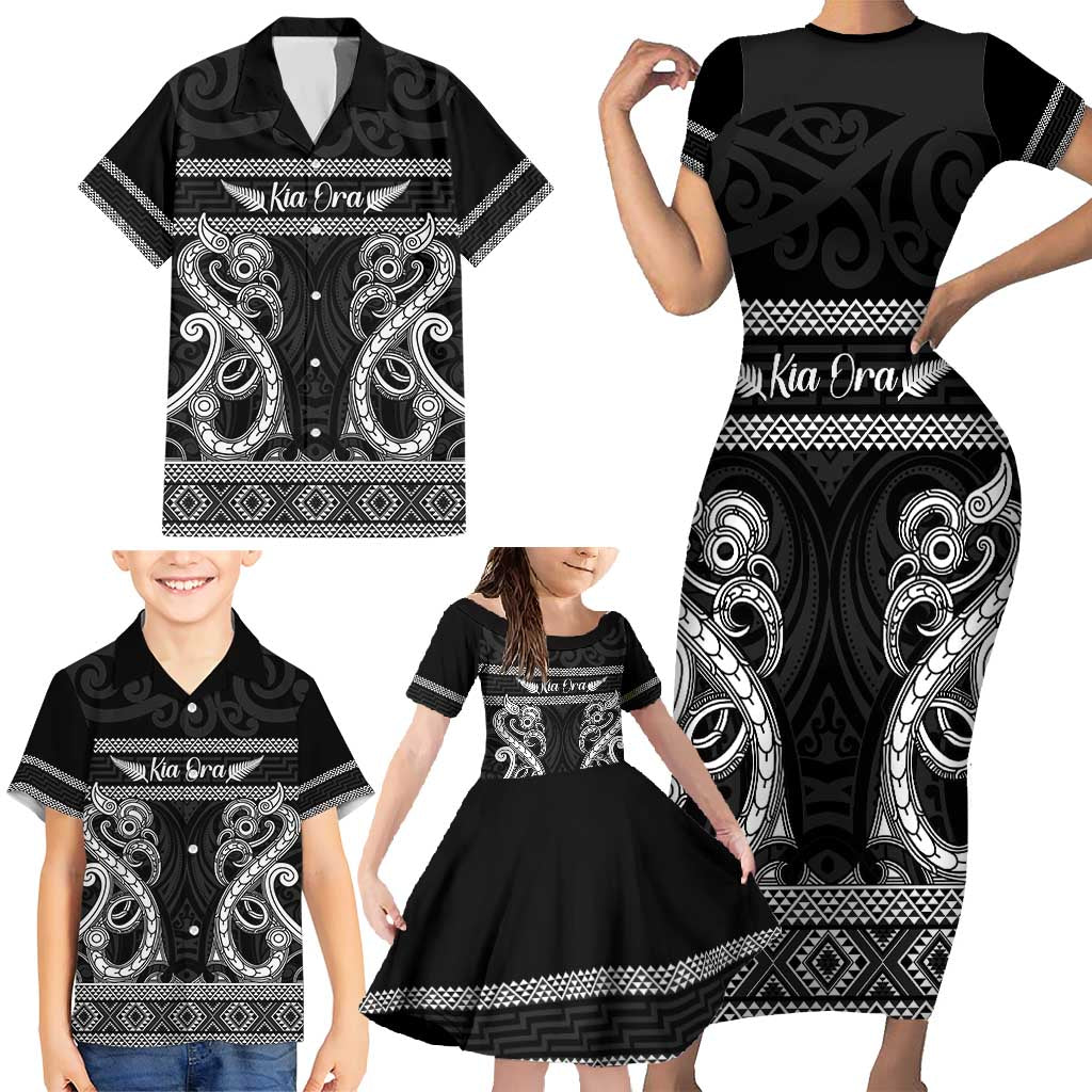 Kia Ora New Zealand Family Matching Short Sleeve Bodycon Dress and Hawaiian Shirt Maori Language Week Pango Taniko Motif LT14 - Polynesian Pride