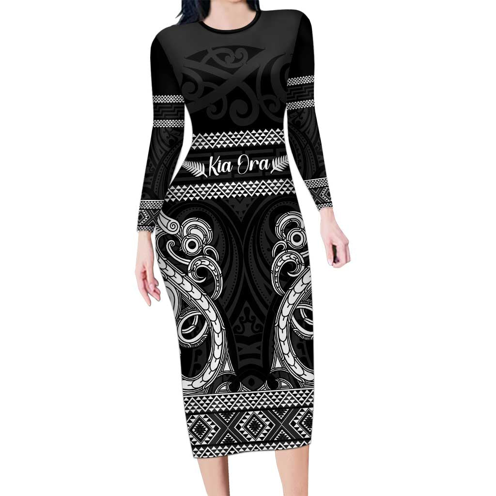Kia Ora New Zealand Long Sleeve Bodycon Dress Maori Language Week Pango Taniko Motif LT14 Long Dress Black - Polynesian Pride