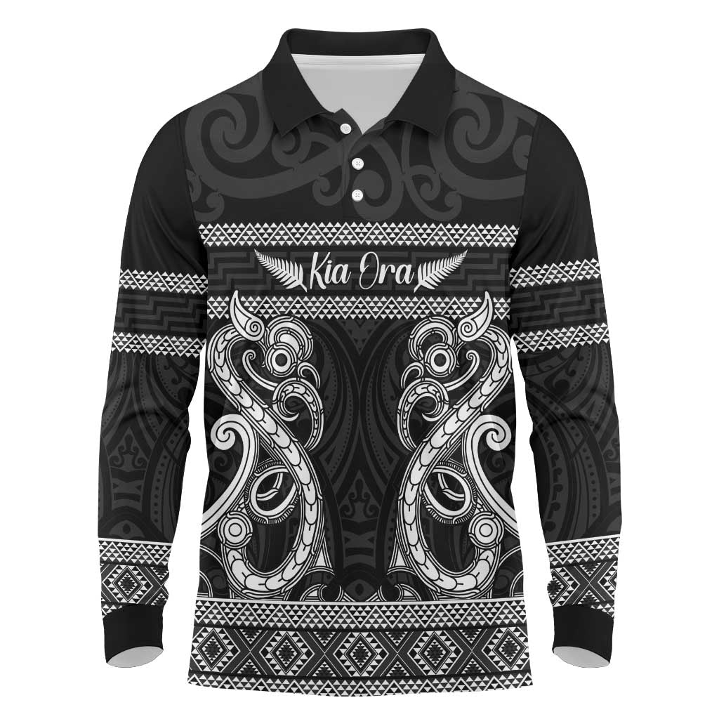 Kia Ora New Zealand Long Sleeve Polo Shirt Maori Language Week Pango Taniko Motif LT14 Black - Polynesian Pride