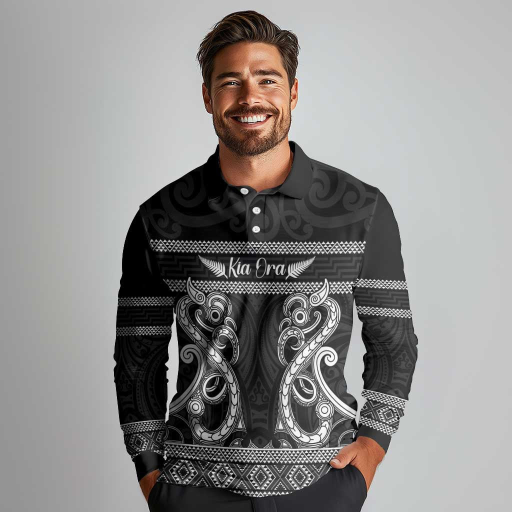 Kia Ora New Zealand Long Sleeve Polo Shirt Maori Language Week Pango Taniko Motif LT14 - Polynesian Pride