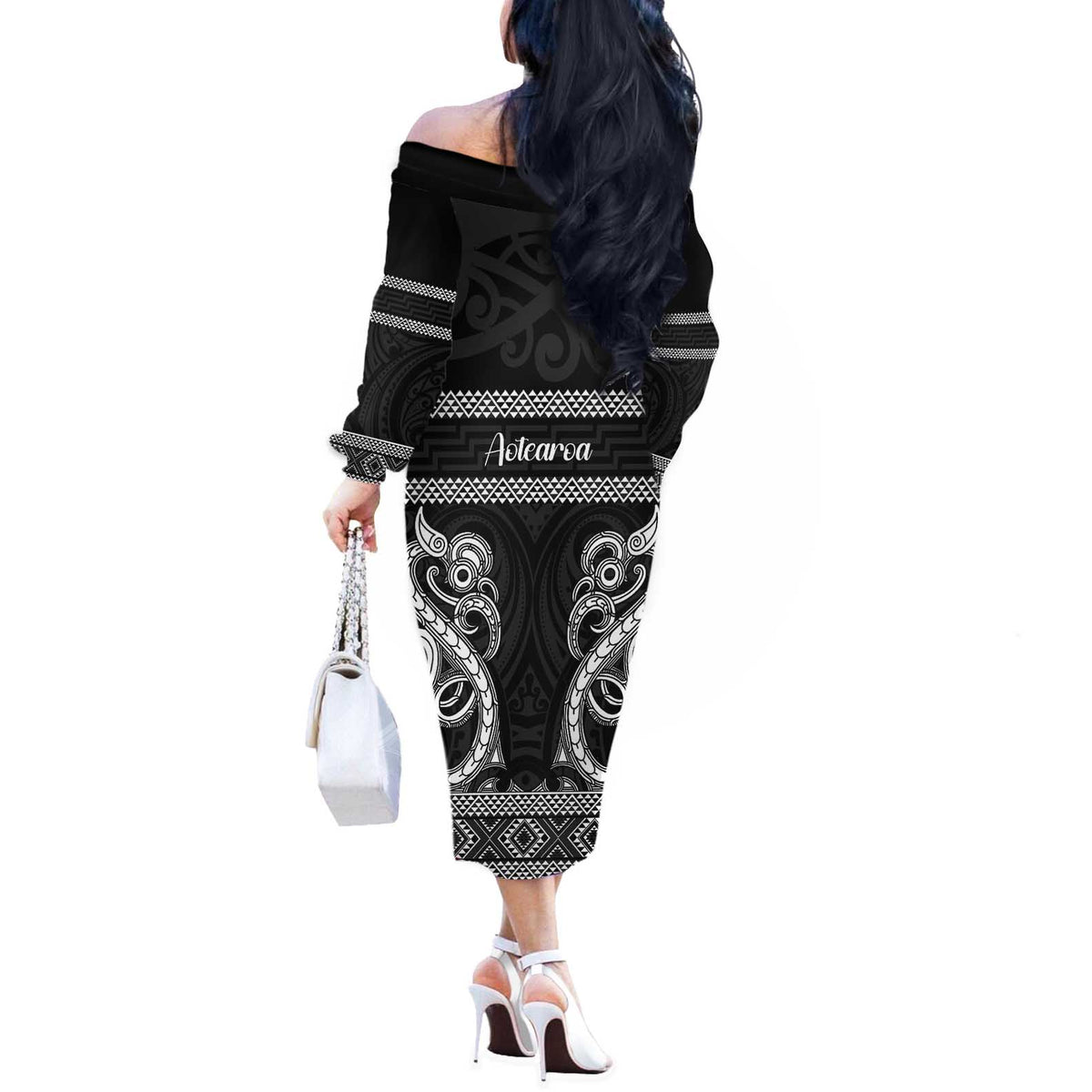 Kia Ora New Zealand Off The Shoulder Long Sleeve Dress Maori Language Week Pango Taniko Motif LT14 - Polynesian Pride