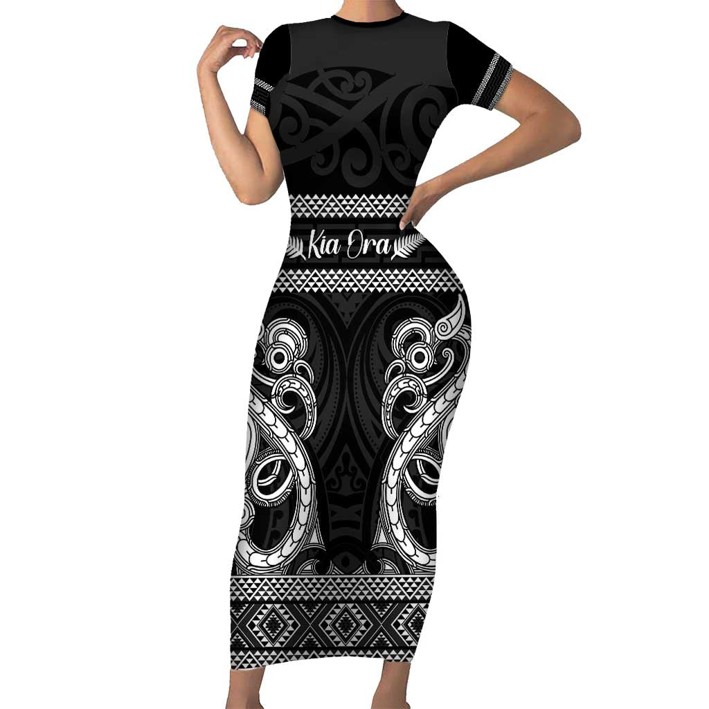 Kia Ora New Zealand Short Sleeve Bodycon Dress Maori Language Week Pango Taniko Motif LT14 Long Dress Black - Polynesian Pride