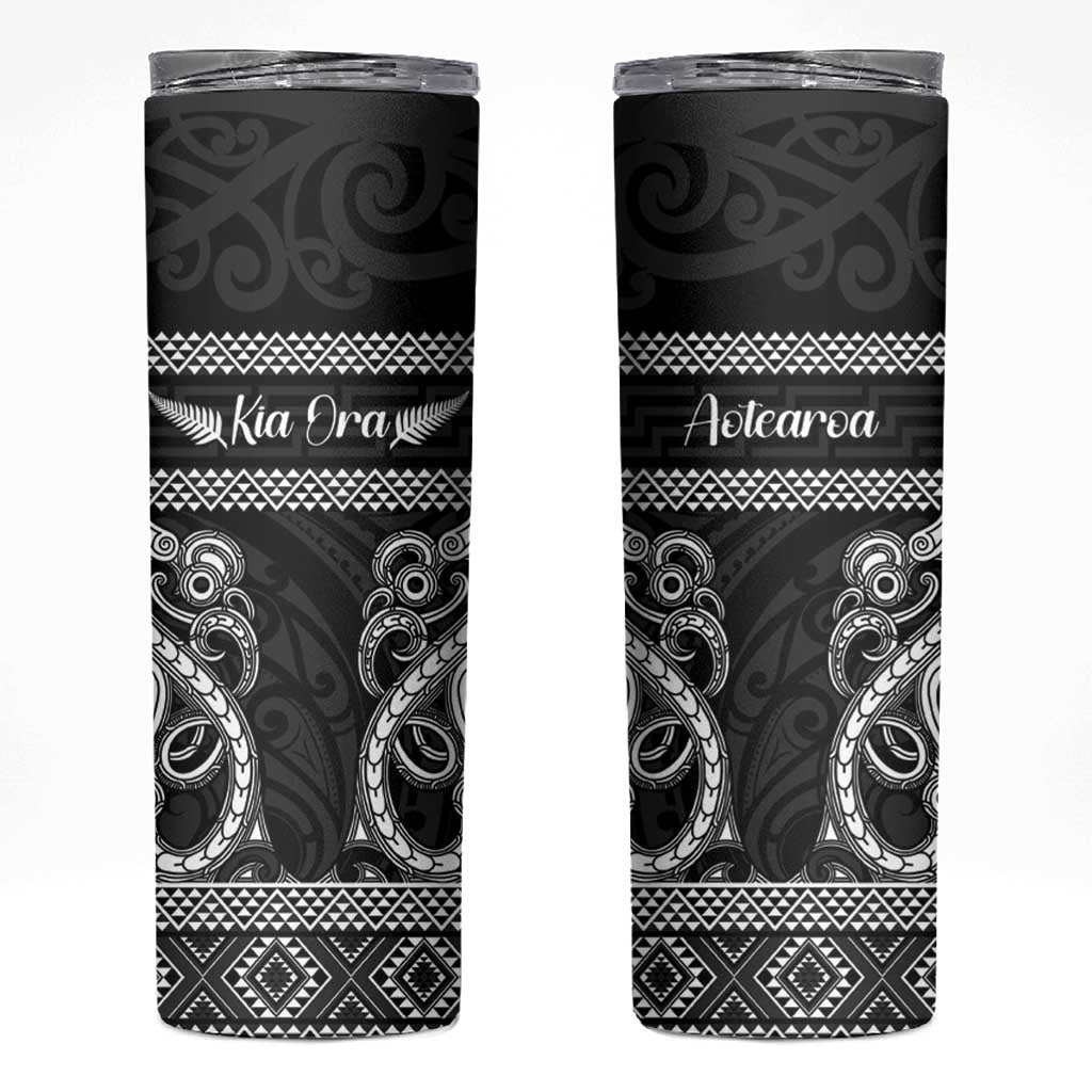 Kia Ora New Zealand Skinny Tumbler Maori Language Week Pango Taniko Motif LT14 Black - Polynesian Pride