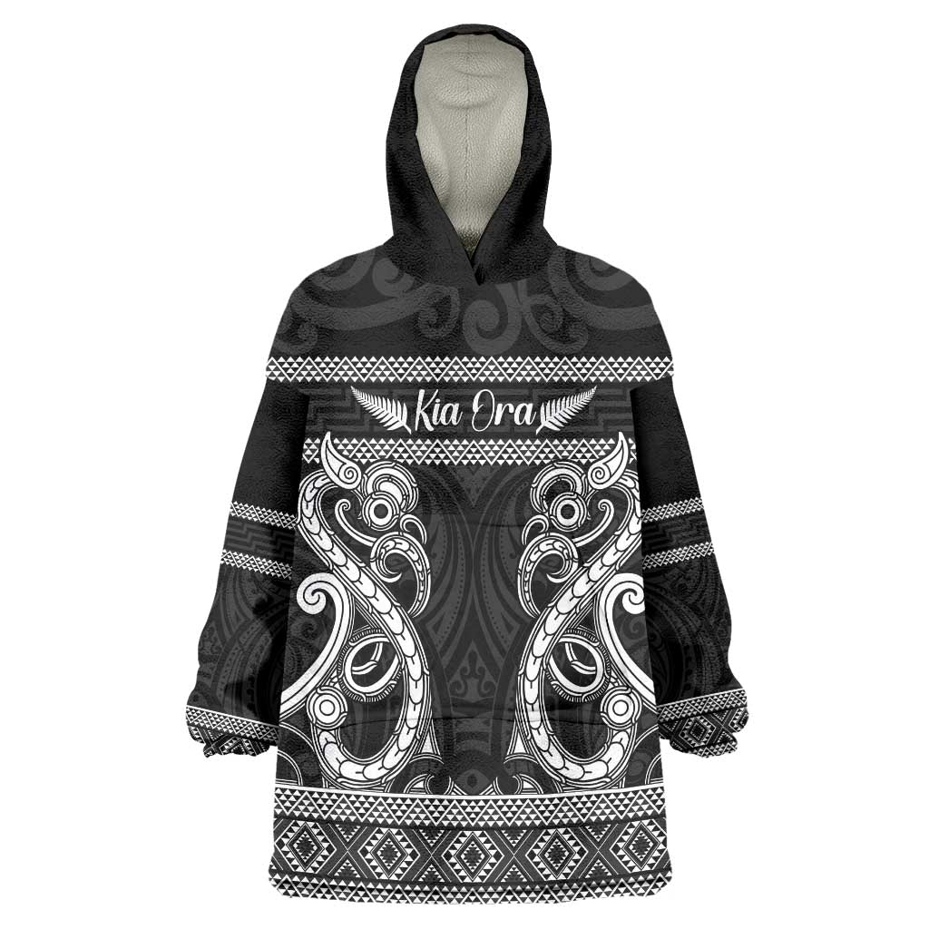 Kia Ora New Zealand Wearable Blanket Hoodie Maori Language Week Pango Taniko Motif LT14 One Size Black - Polynesian Pride