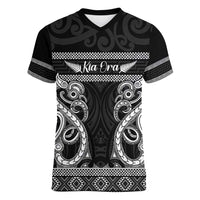 Kia Ora New Zealand Women V-Neck T-Shirt Maori Language Week Pango Taniko Motif LT14 Female Black - Polynesian Pride