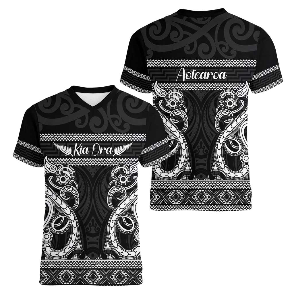 Kia Ora New Zealand Women V-Neck T-Shirt Maori Language Week Pango Taniko Motif LT14 - Polynesian Pride
